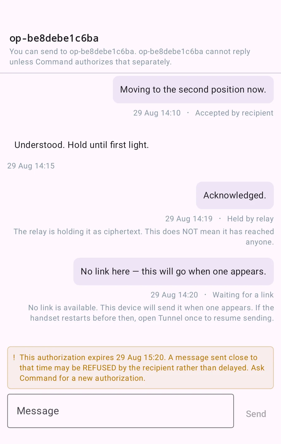 Tunnel Mobile conversation showing directional authorization and per-message delivery state.