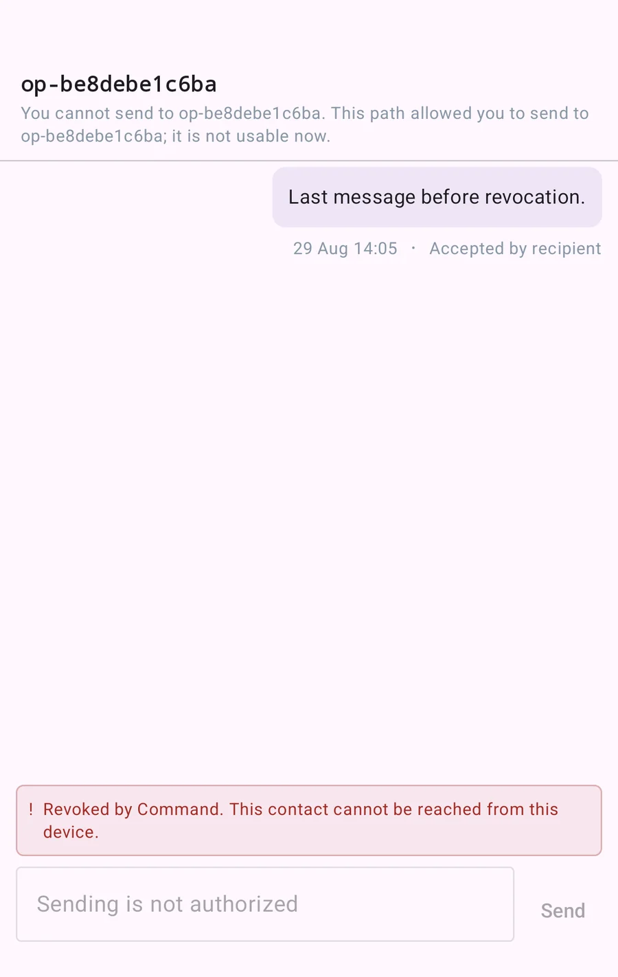 Tunnel Mobile conversation after revocation, with sending disabled and the reason shown.